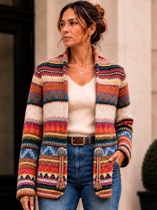 Cotton & Rye Sweaters - Fair Isle Womens Chunky Cardigan Sweater M Boho Indie Southwestern Concho Tassel